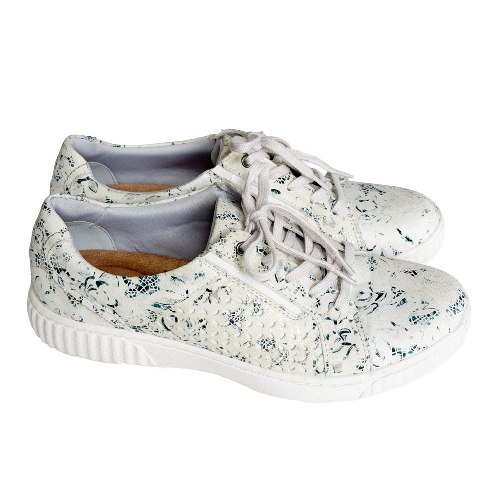 Clarks Women's Size 8.5M Caroline Ella Leather Sneakers White Blue Floral